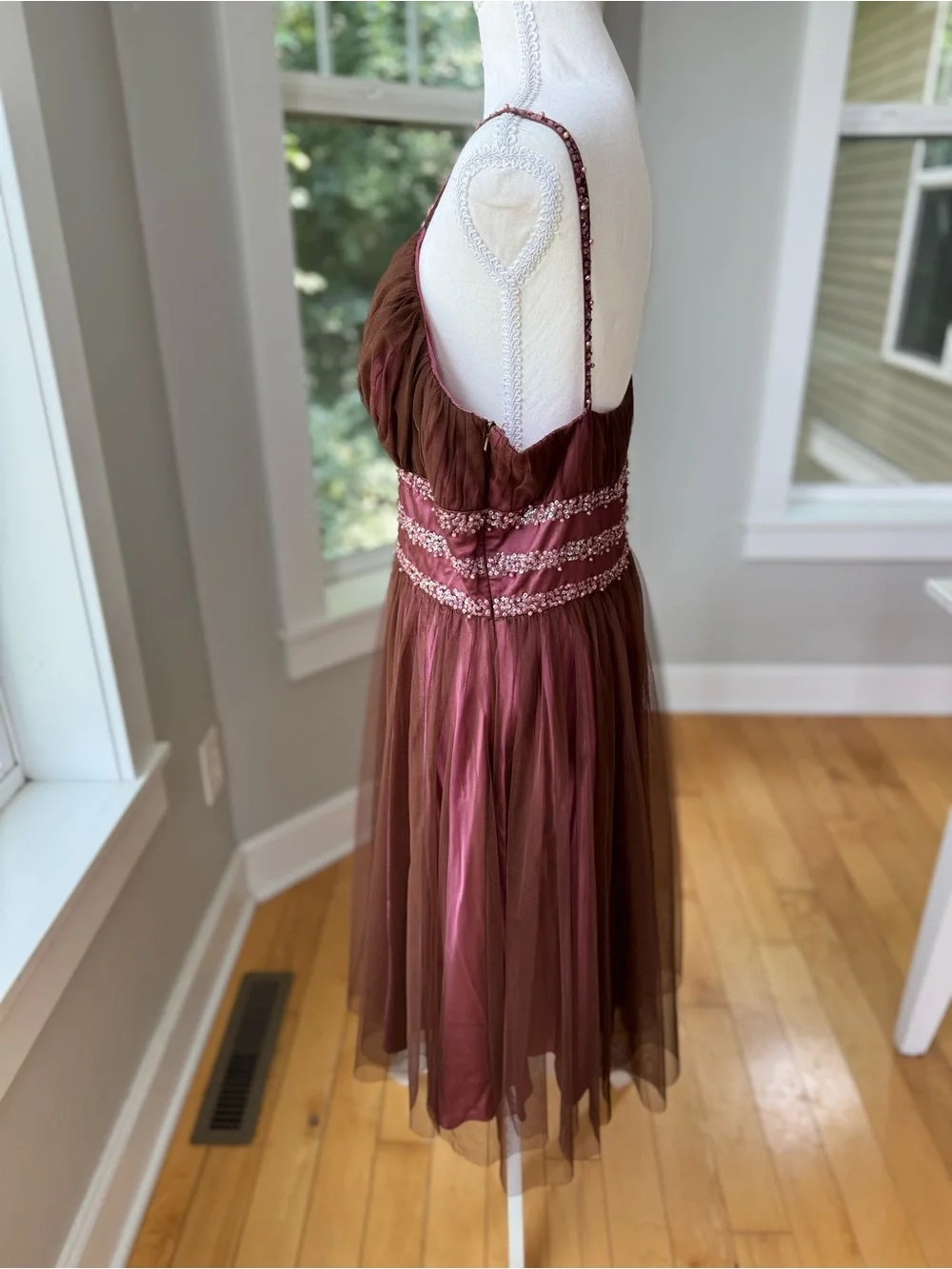 Vintage 90s JS Boutique Pink Brown Beaded Pearls Tulle Midi Dress Sz 14